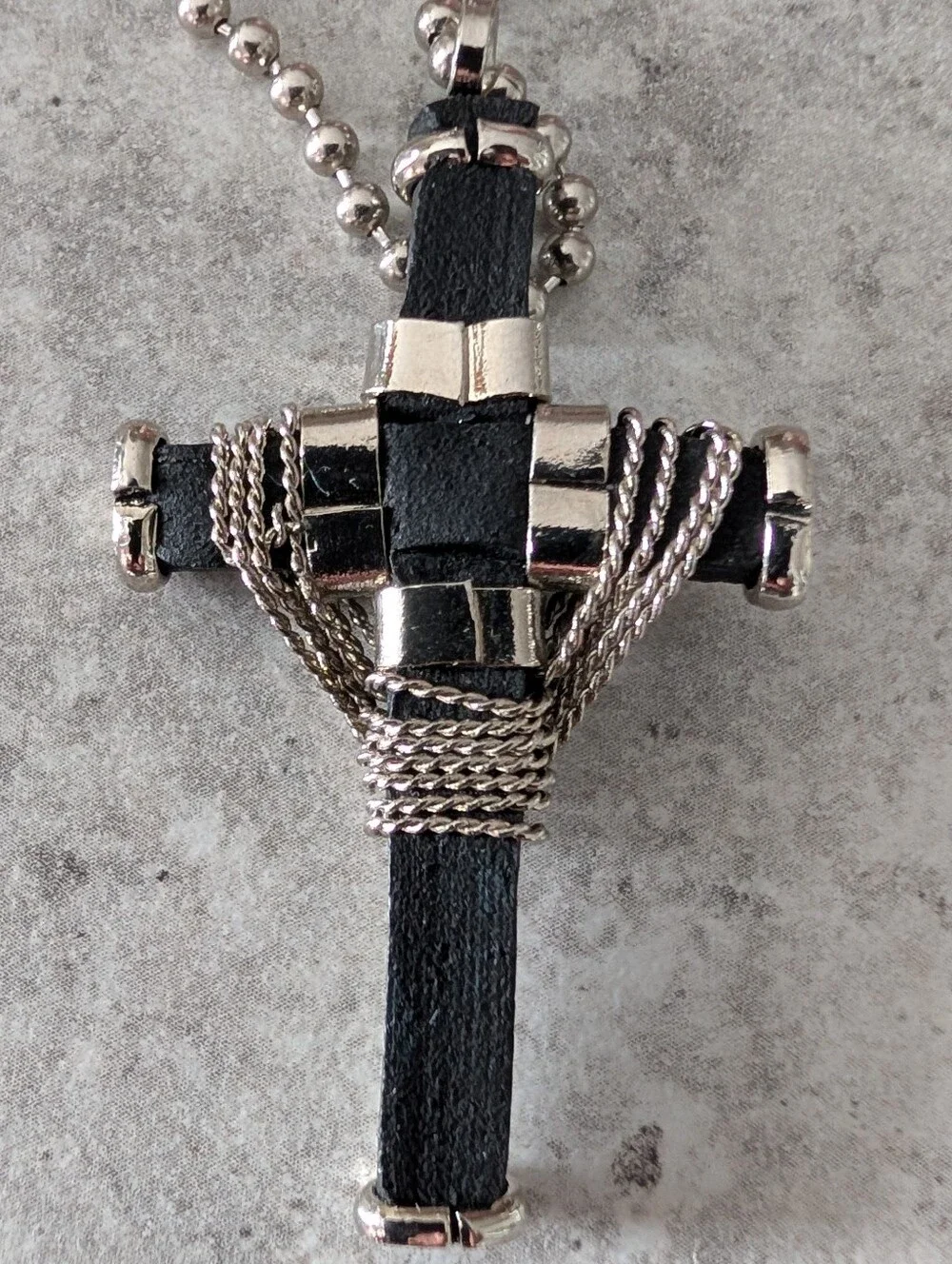 Silver-Tone Men's Cross Pendant Necklace with Teal Stone